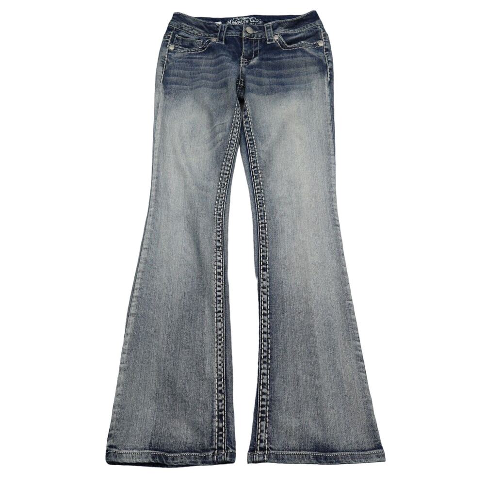 Paisley Sky Jeans Womens 2 Blue Flared Low Rise Button Light Wash Denim Pants